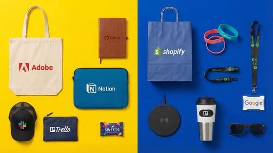Branded corporate merchandise with bags notebooks and tech gear