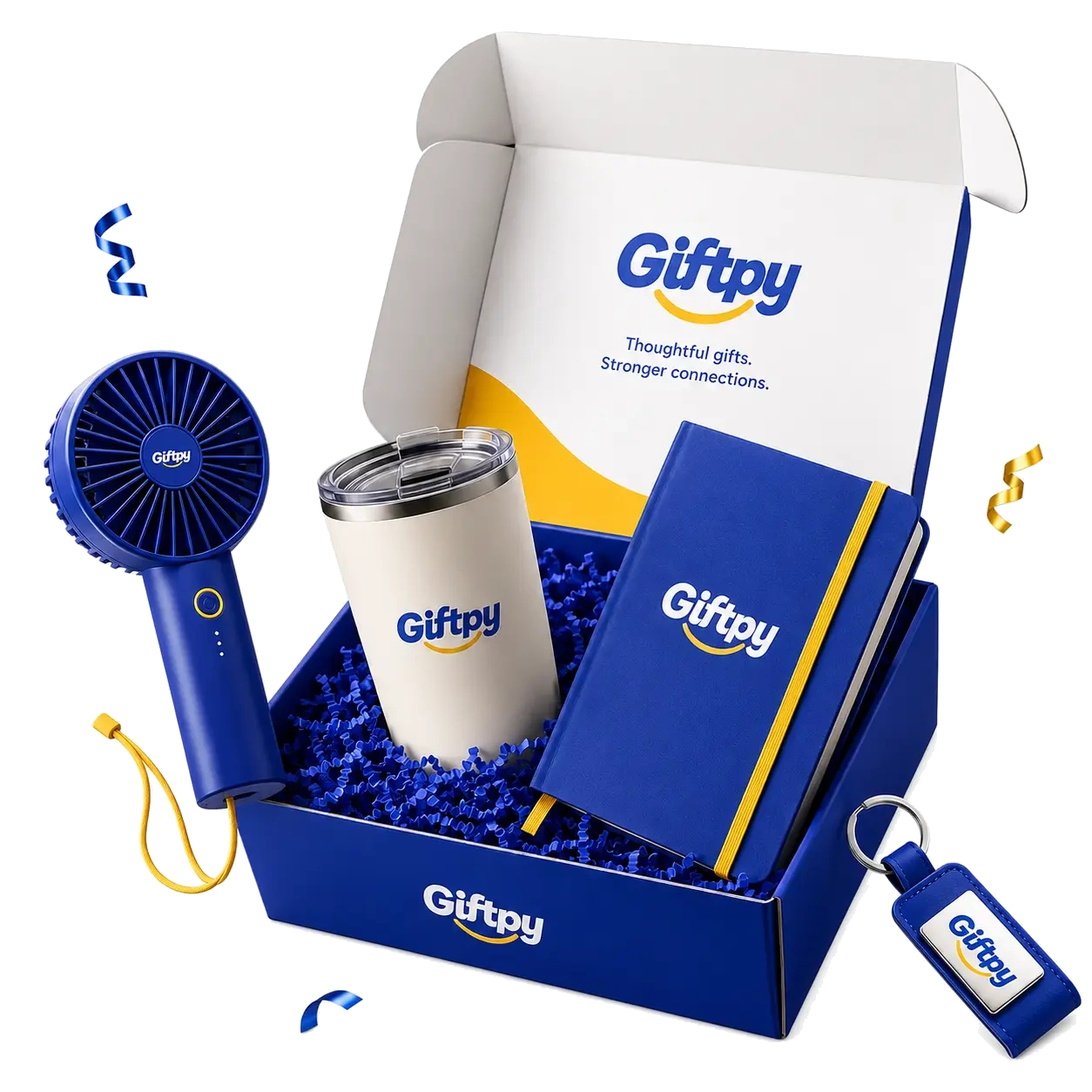 Giftpy branded gift box with a personalised tumbler, notebook, handheld fan and keyring on crinkle-paper filling